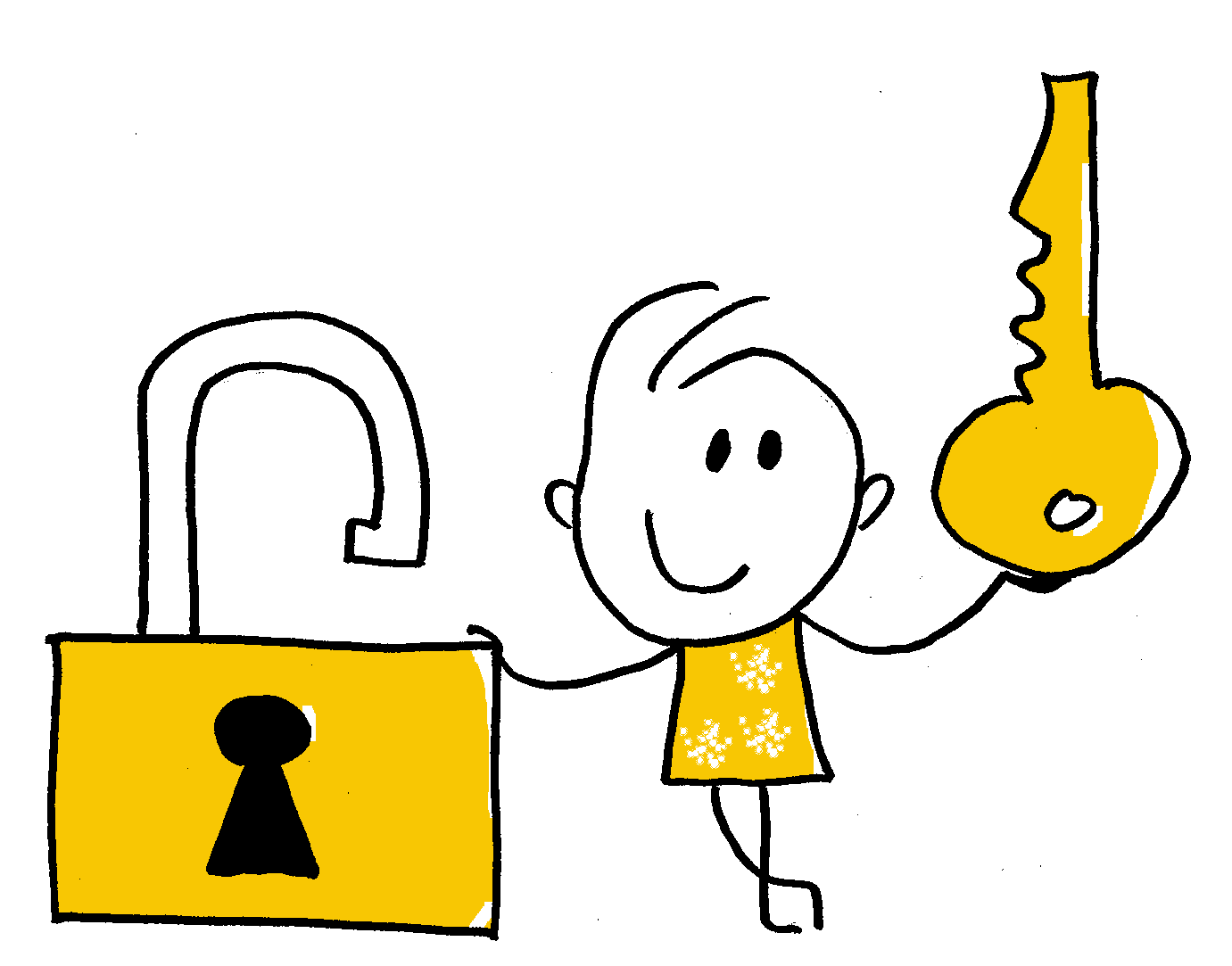 Zeichnung einer glücklichen Person mit Schlüssel und Schloss, Metapher für Lösungen, Zugang und Sicherheit in der Einzeltherapie.